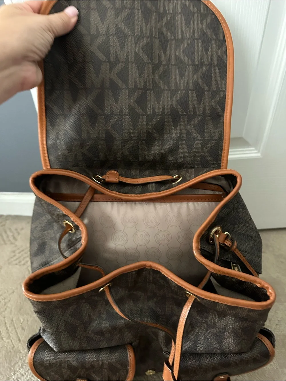 Michael Kors Dark Brown Monogram Backpack with Tan Trim